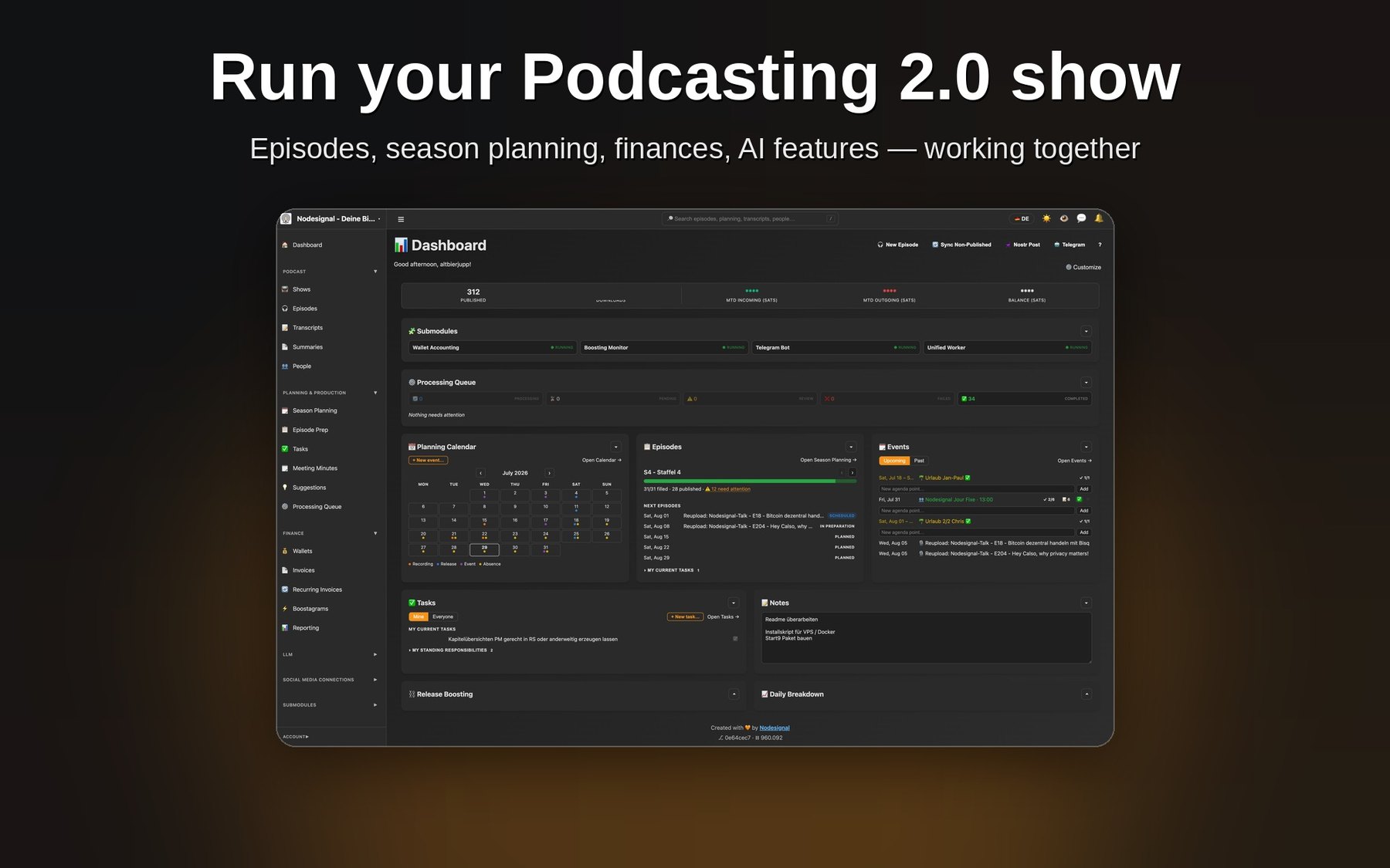 Sovereigncast dashboard with podcast planning, wallets and tasks