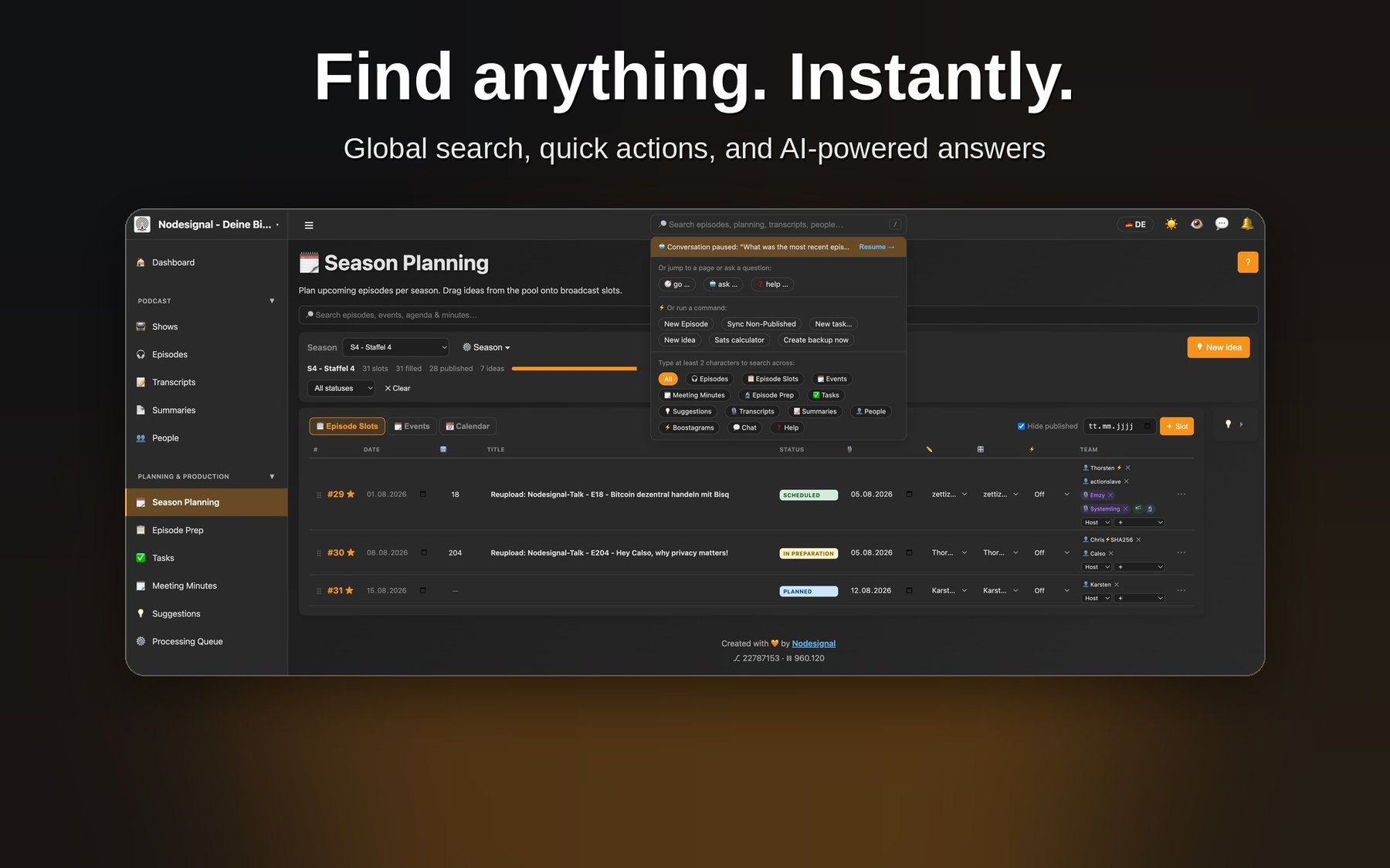 Sovereigncast season planning with intelligent search